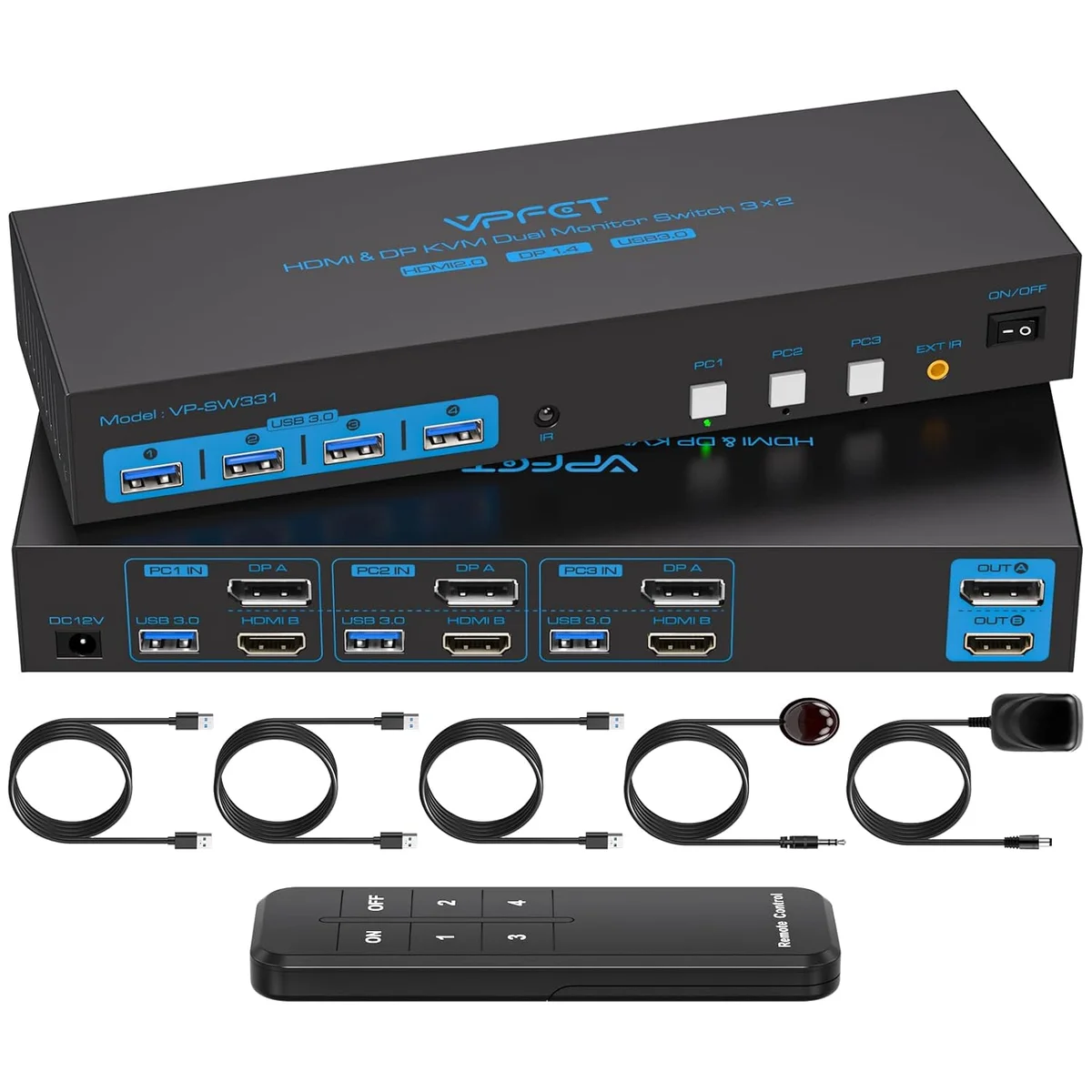 HDMI2.0+ Displayport1.4 KVM Switch 2 Monitors 3 Computers USB 3.0 KVM 8K & 4K Switches for 3 Computer Share Dual Monitor and 1 Set of Keyboard Mouse Printer and U Disk. Two USB Cables Included
