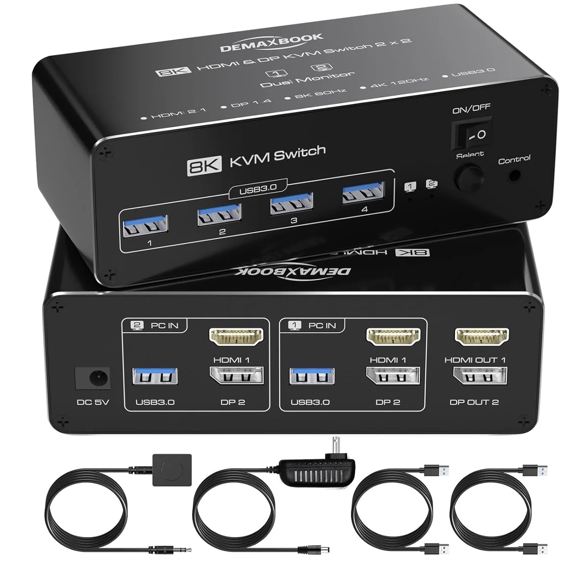 Dual Monitor HDMI Displayport KVM Switch 2 Monitors 2 Computers 8K@60Hz/4K@144Hz,2 Computers Share 2 Monitors,USB 3.0 Ports,Extended/Copy Mode Support,2 USB Cables,Remote Control Included