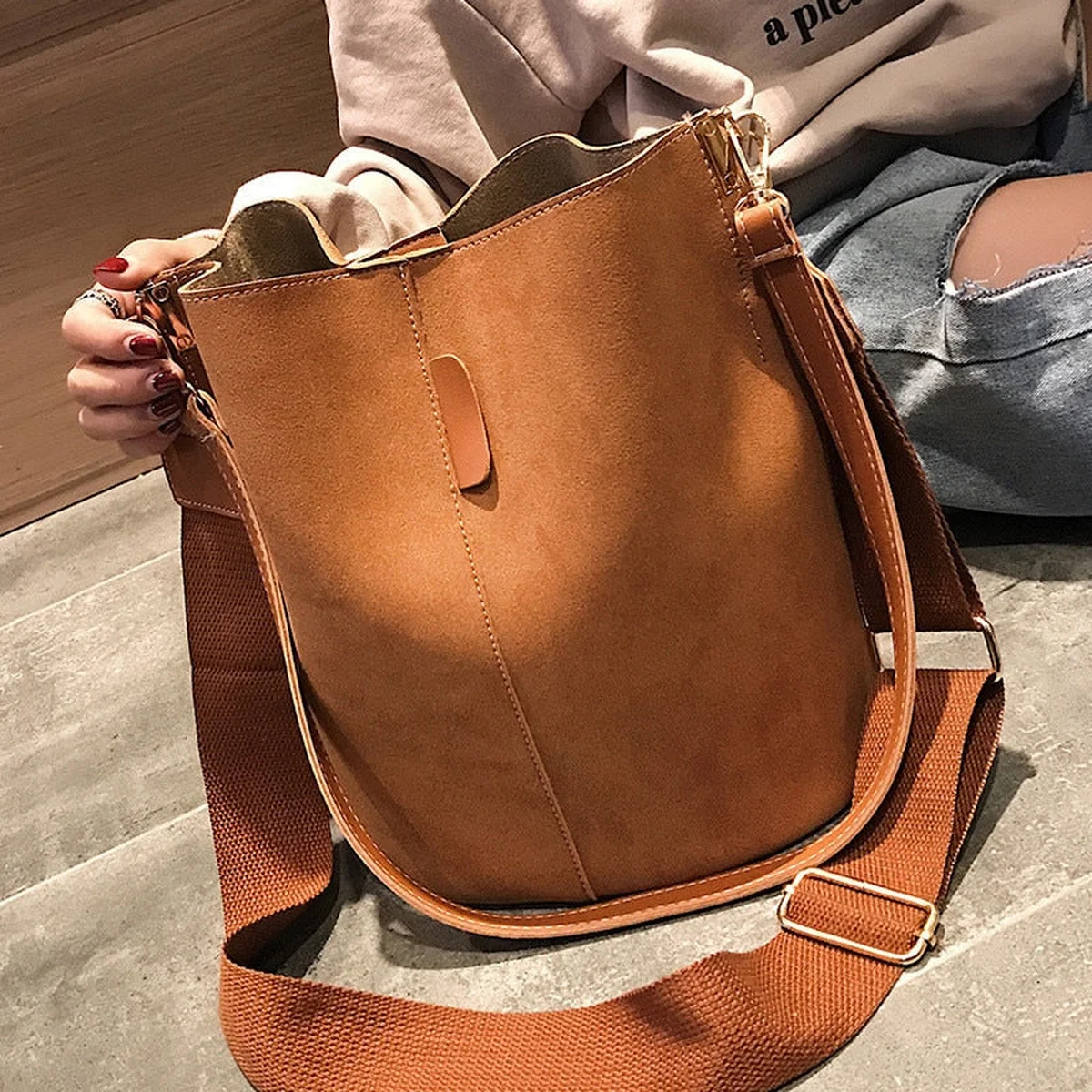 Messenger bag Women Bucket Shoulder Bag large capacity vintage Matte PU Leather lady handbag Luxury Designer bolsos mujer Black view 1