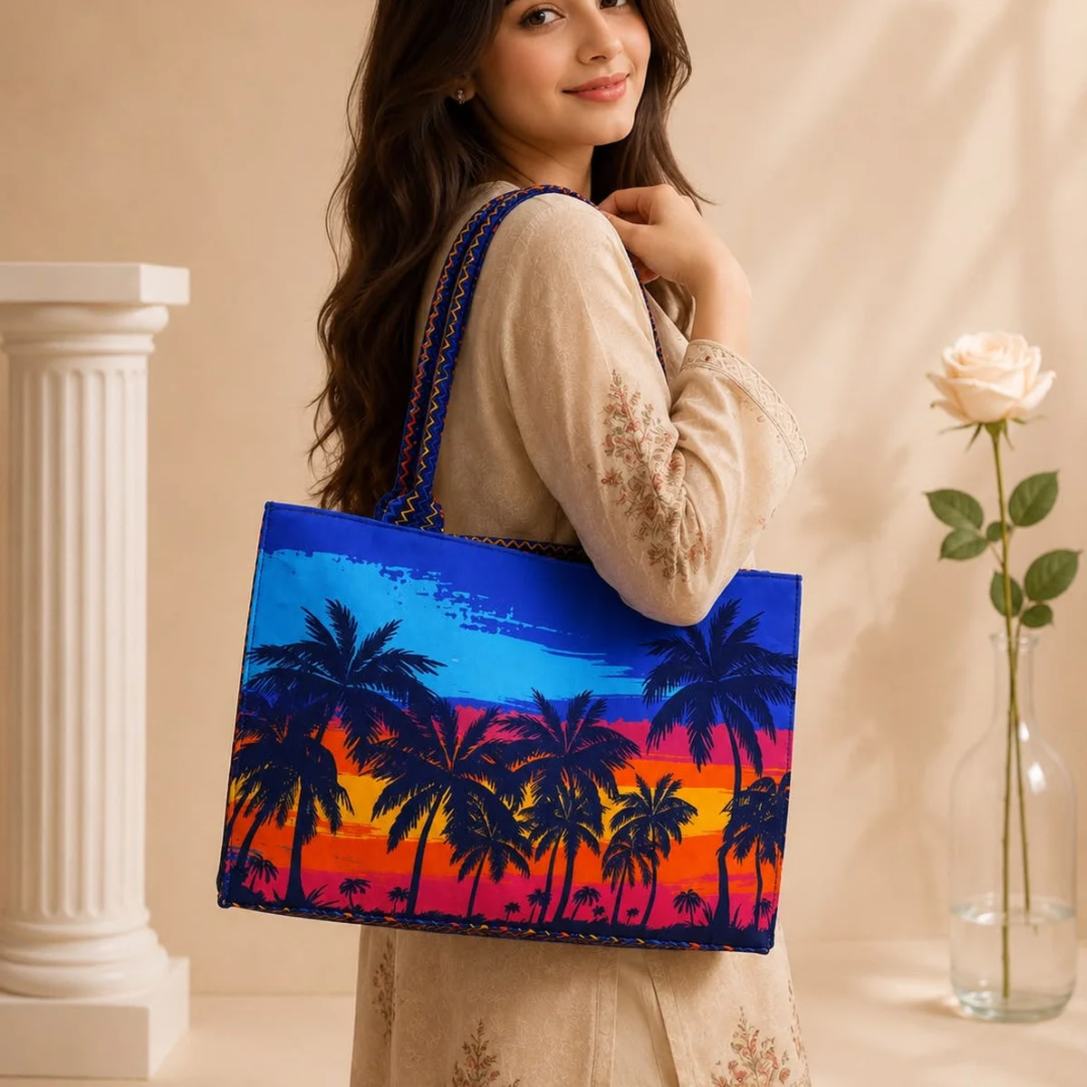 Luxury Ethnic Block Print Tote Bag for Women – Large Fabric Shoulder Bag view 1