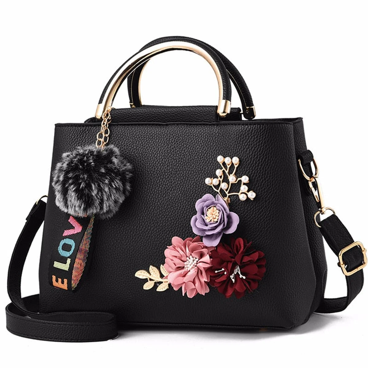 Women Bag Leather Handbag Women Shoulder Bag Tote Flowers Shell Sac A Main Femme Rivets Fur Ball Pendant Luxury Designer Ladies view 1