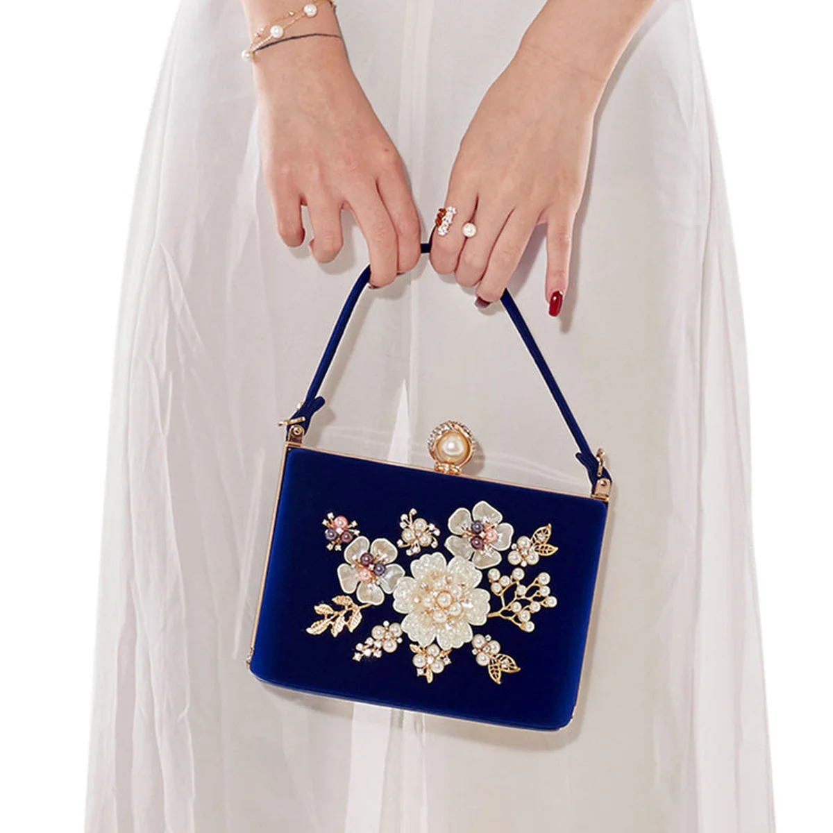 Ladies Velvet Clutch Pearl Crystal Evening Bags Women Velour Party Wedding Hand Bag Bridal Luxury Mini Day Purse bolsos view 1