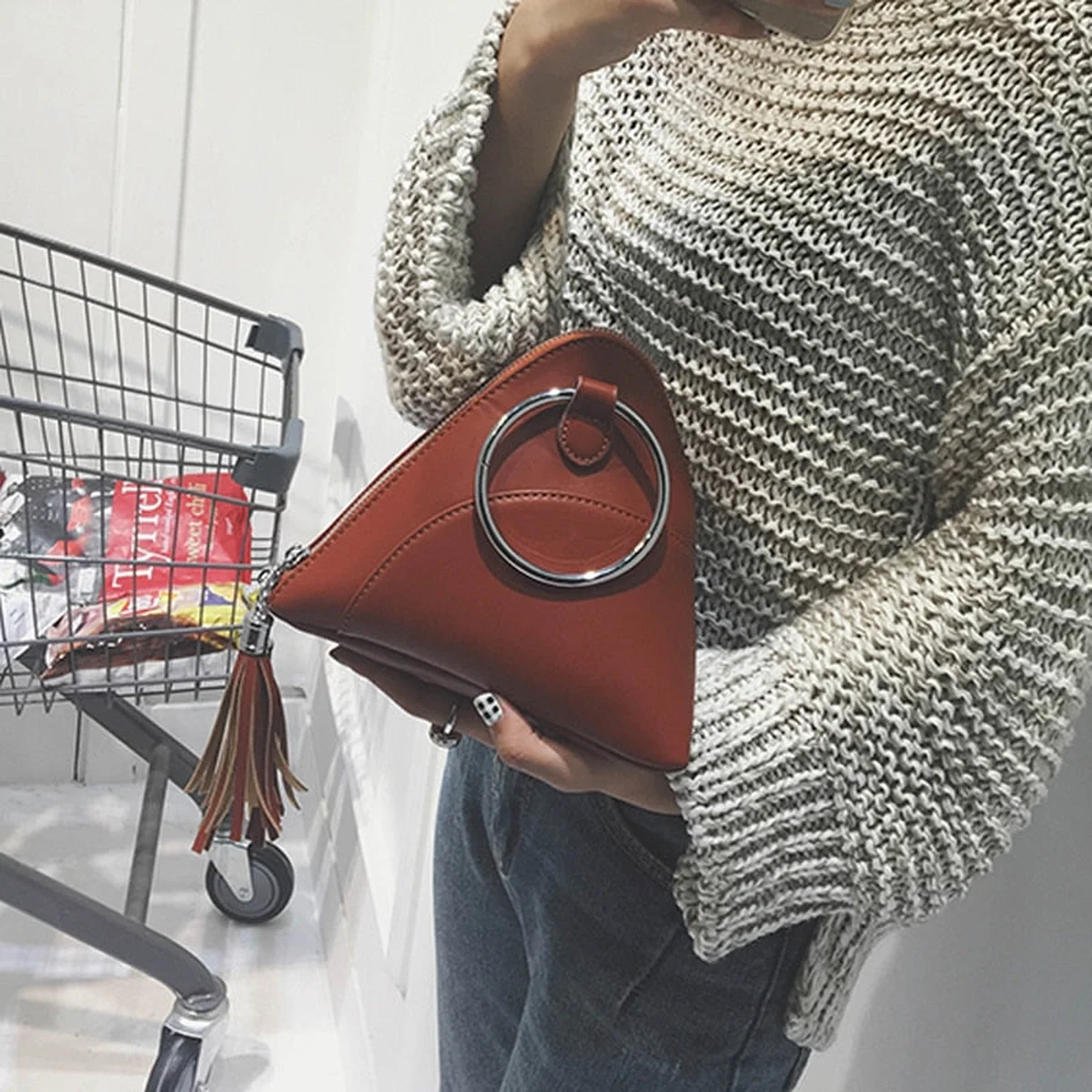 Bag 2018 dumplings package women's handbag mini tassel bag triangle women messenger bags PU