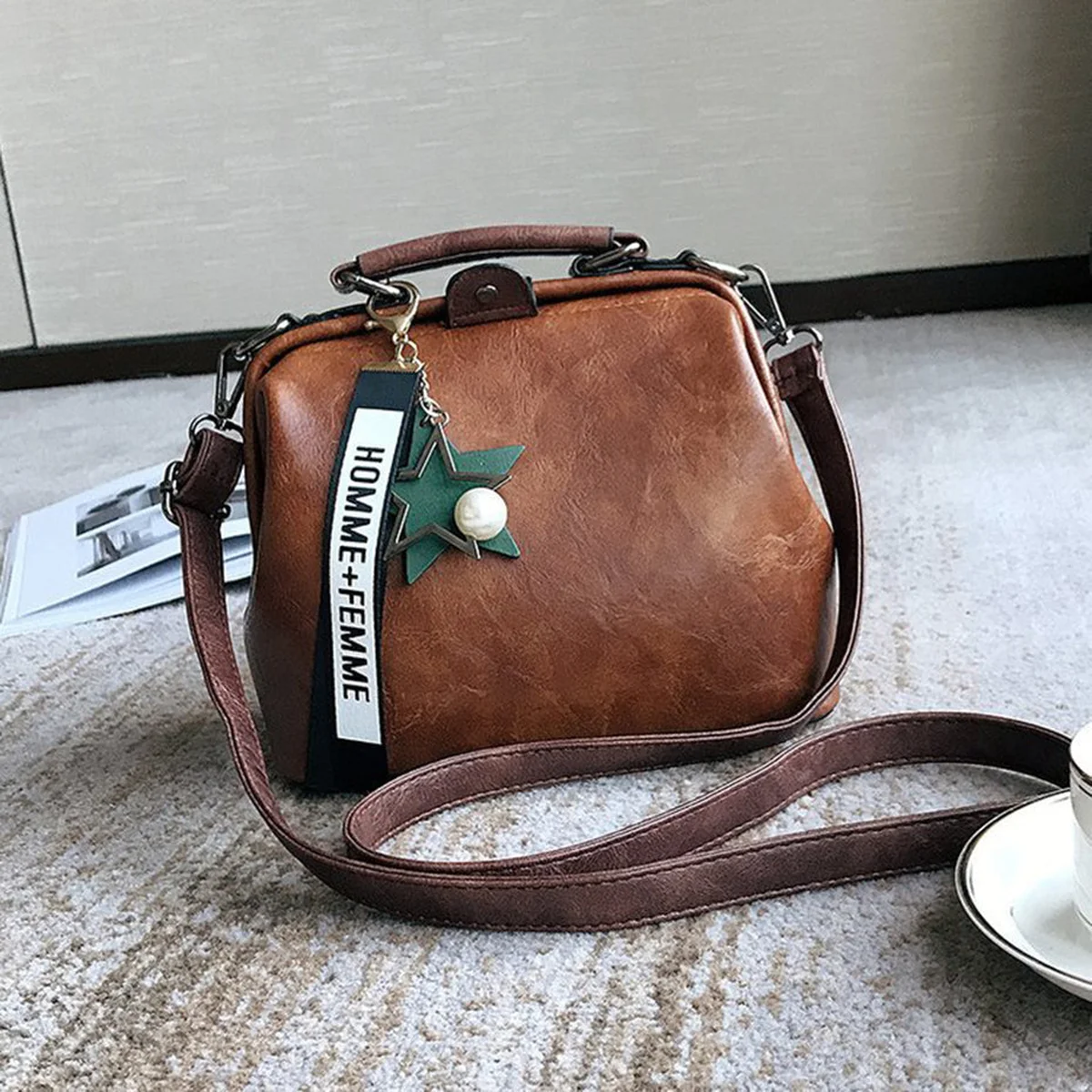 Women Handbag Leather Shoulder Bag Female Doctor Crossbody Handbag Star Pendant Tassel Rivets Casual Famous Brand Women Bags view 1
