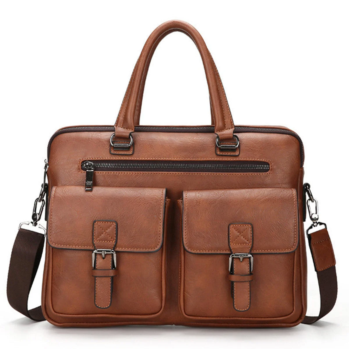 2018 New Men Split Leather Handbag Zipper Men Business Polyester Two Silt Pocket Soft Handle 14 Inches Briefcases Bags view 1