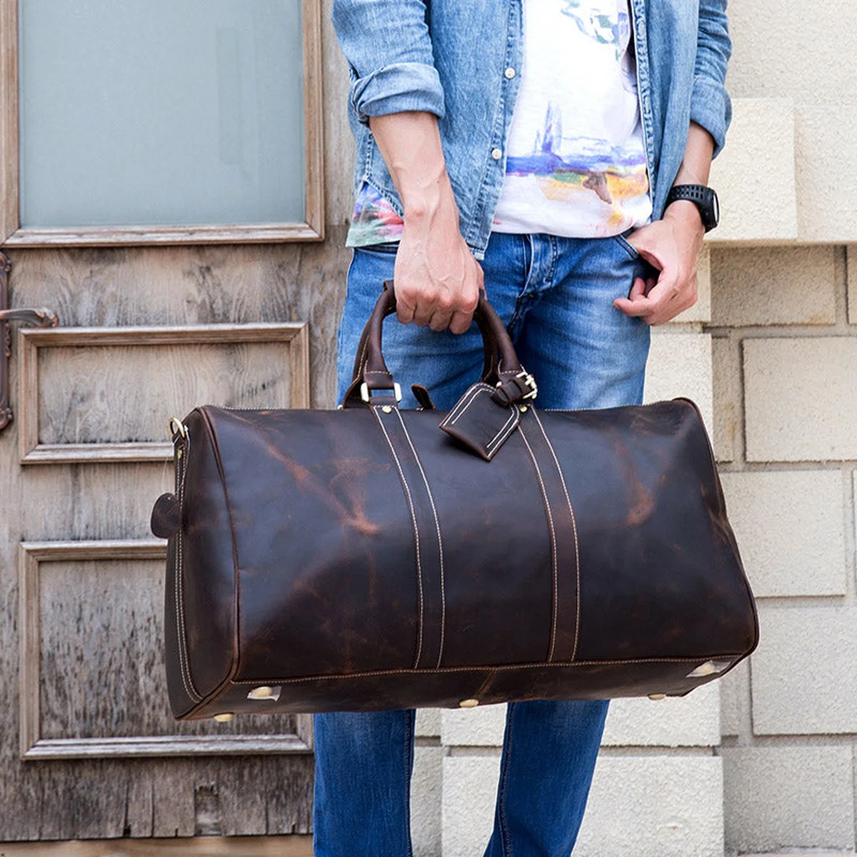 MAHEU Men Genuine Leather Travel Bag Travel Tote Big Weekend Bag Man Cowskin Duffle Bag Hand Luggage Male Handbags Large 60cm view 1