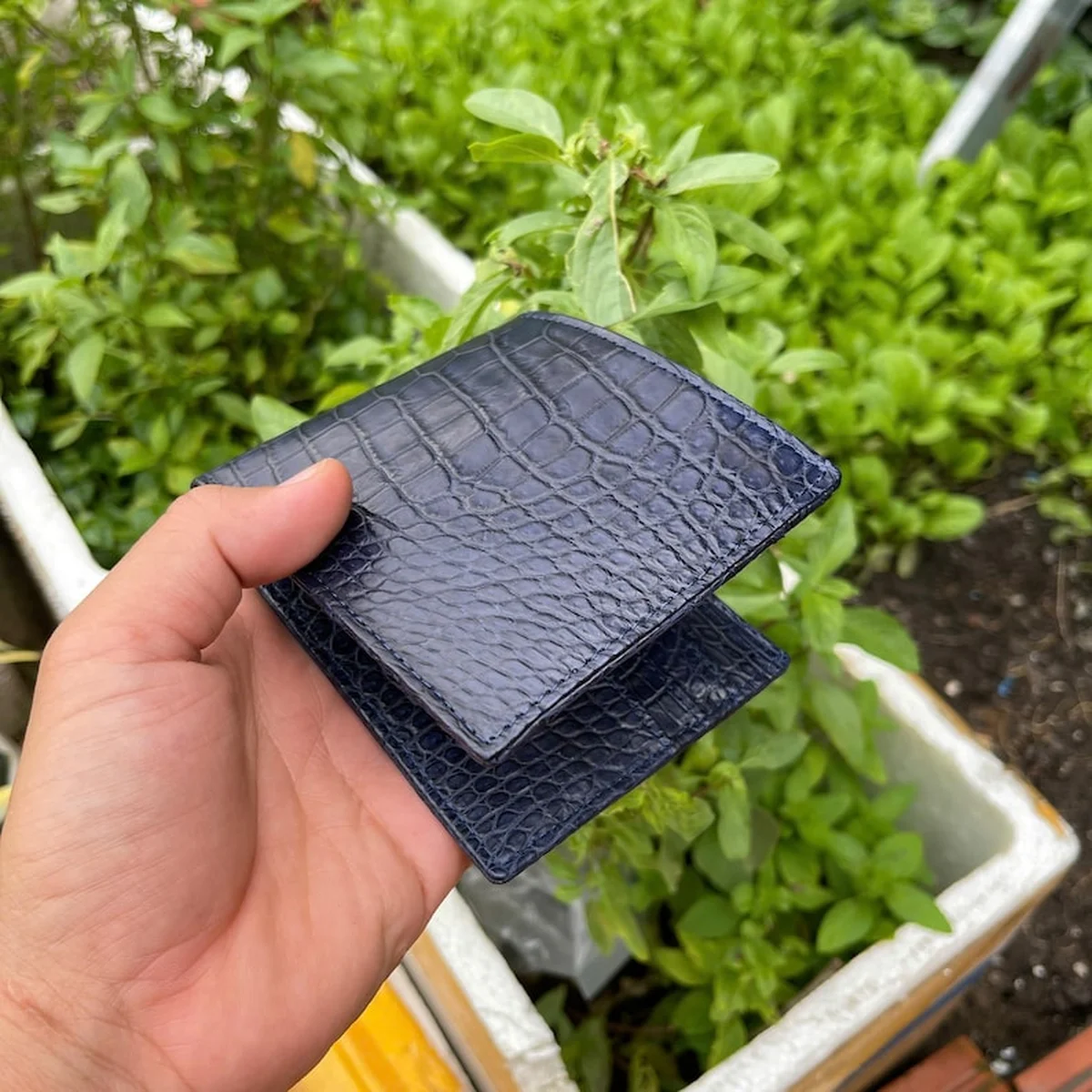 Handmade Blue Genuine Gator Leather Bifold Wallet: Money Clip Cd Holder view 1