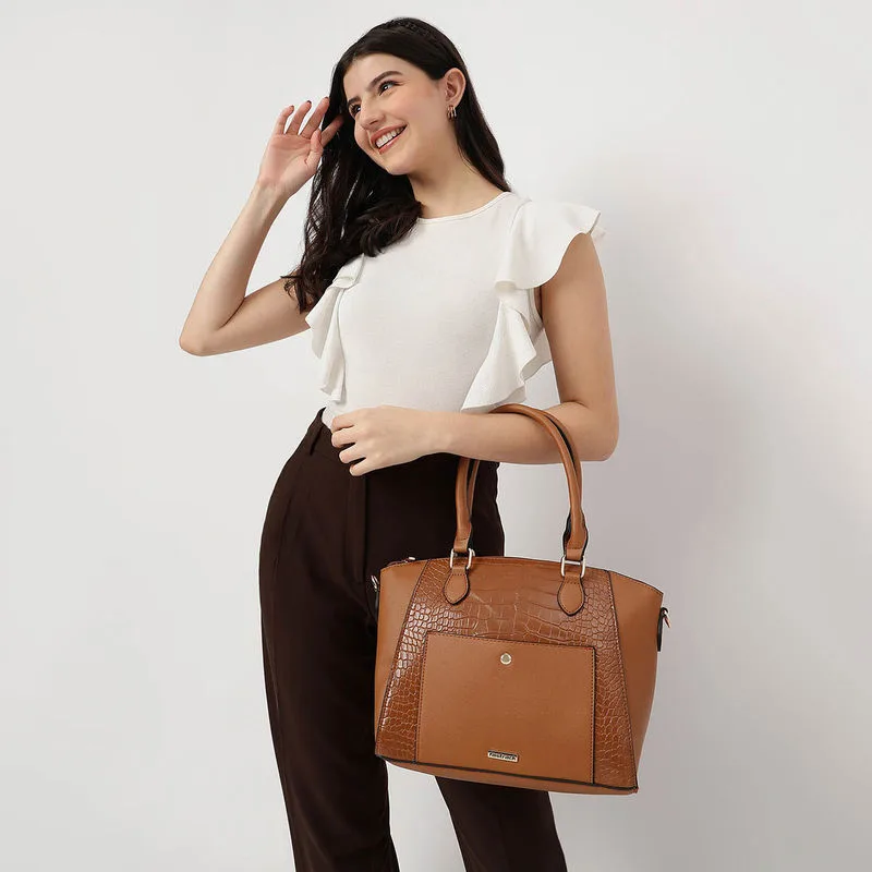 Fastrack Women Tan Croco Textured Structured Satchel