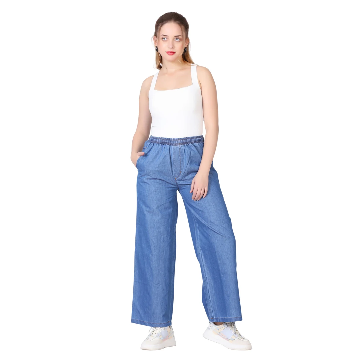 Premium Denim Palazzo Pants - Deep Blue view 1