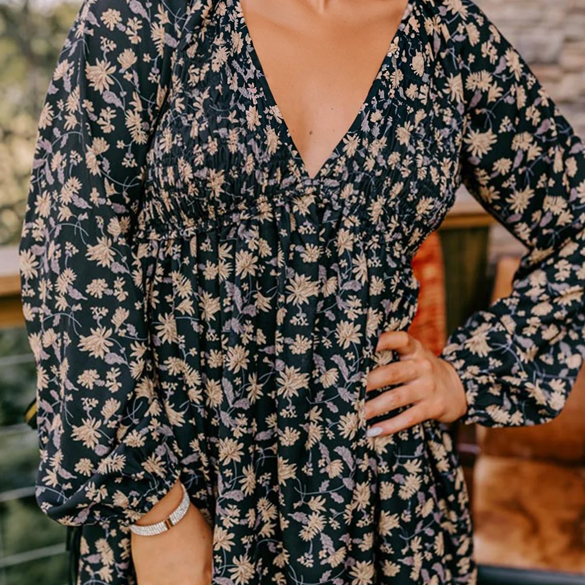 Black Floral Deep V Neck Smocked Bust Bubble Sleeve Babydoll Dress view 1