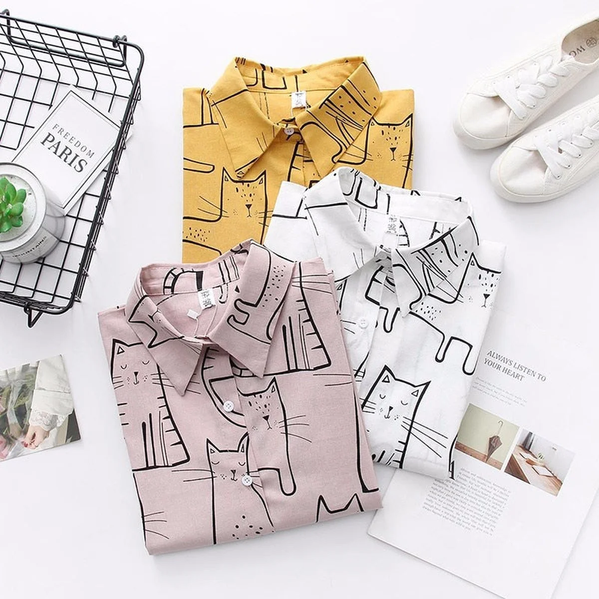 DeRuiLaDy Women 2019 Fashion Turn Down Collar Long Sleeve Shirt Blouse Shirt Cute Cat Print Loose Casual Blosues Tops Ladies view 1