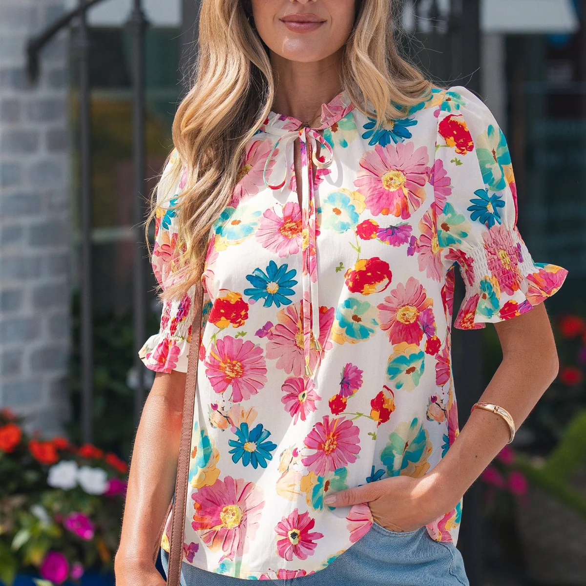 Beige Vibrant Summer Floral Tie V Neck Short Puff Sleeve Blouse view 1