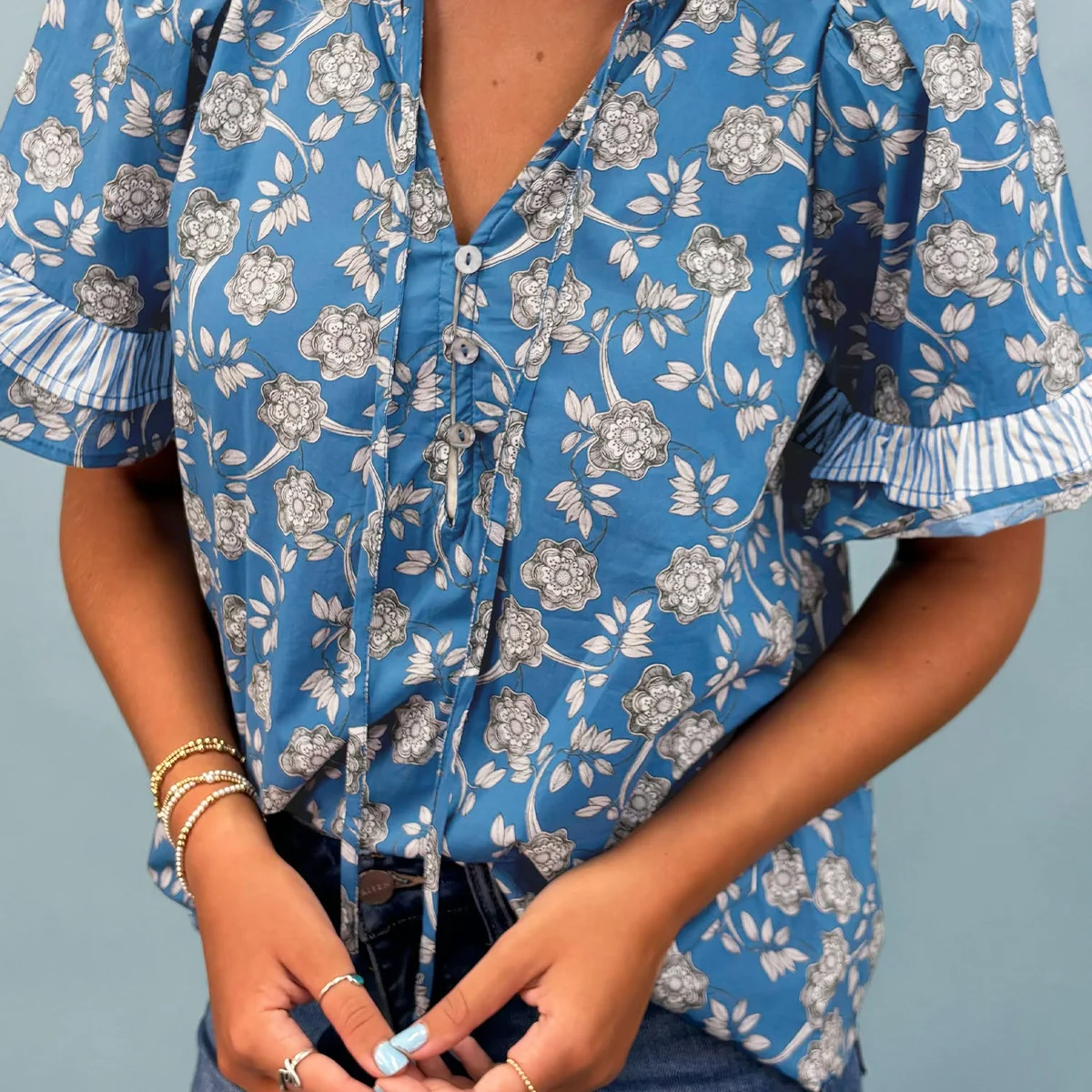 Blue Floral Print Button Tie Neck Striped Detail Short Sleeve Blouse view 1