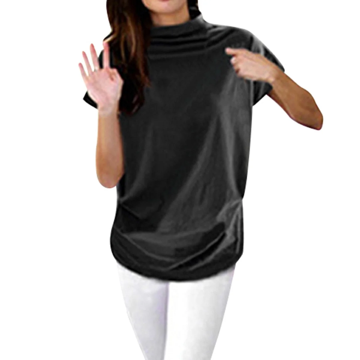 Women Casual Turtleneck Short Sleeve Cotton girl Solid Casual Blouse Top Shirt female Plus Size Solid girl clothing fashion view 1