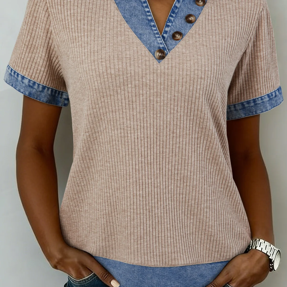 Beige Ribbed Knit Denim Color Block Patchwork Button Detail Collared Blouse view 1