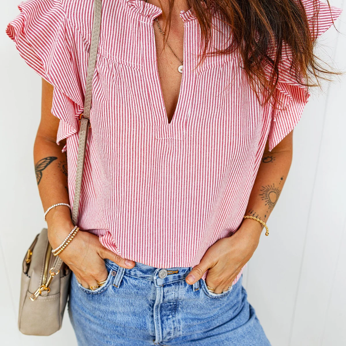Red Stripe Frilly Split Neck Double Ruffled Short Sleeve Blouse view 1
