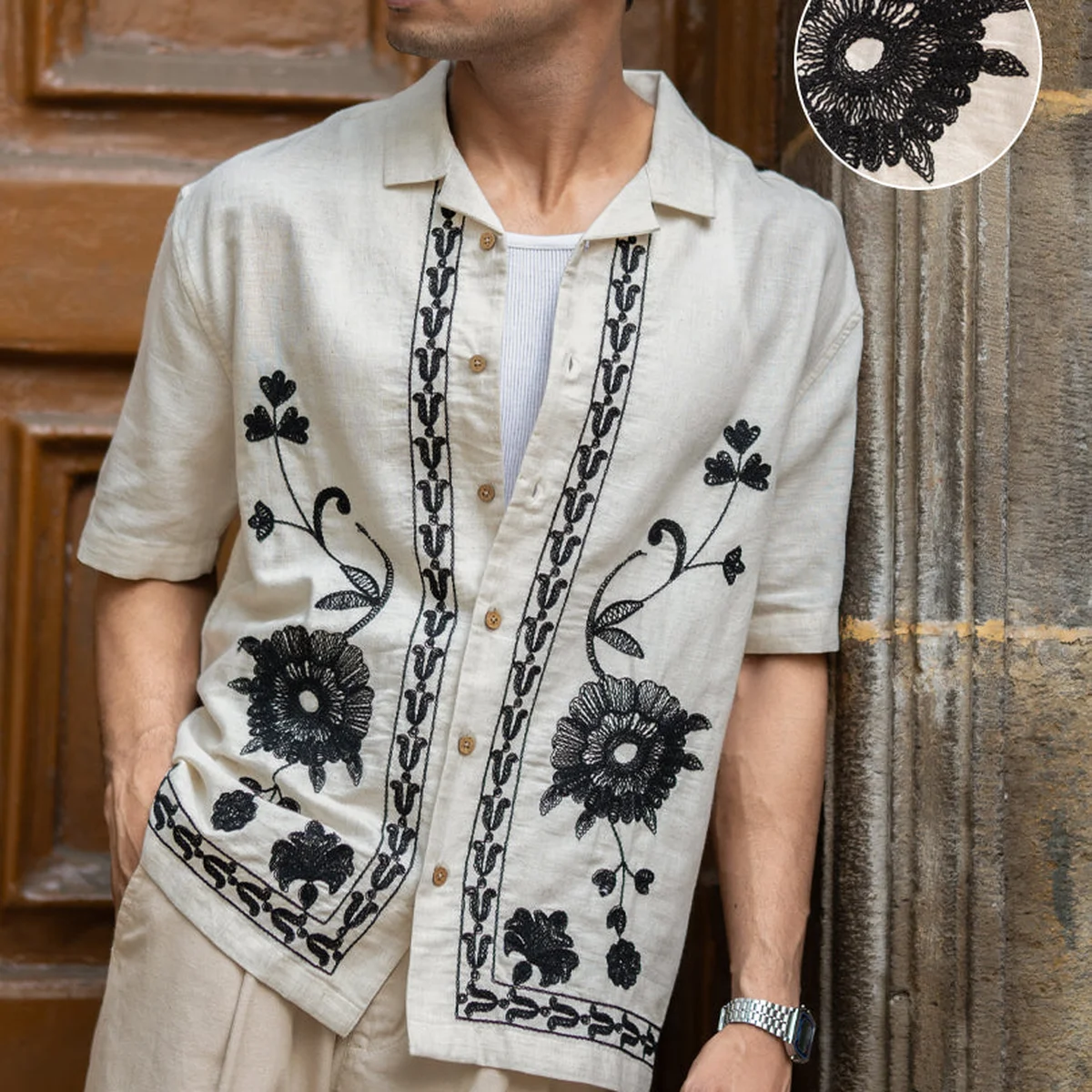 Natural Embroidery Linen Shirt 100% Cotton view 1