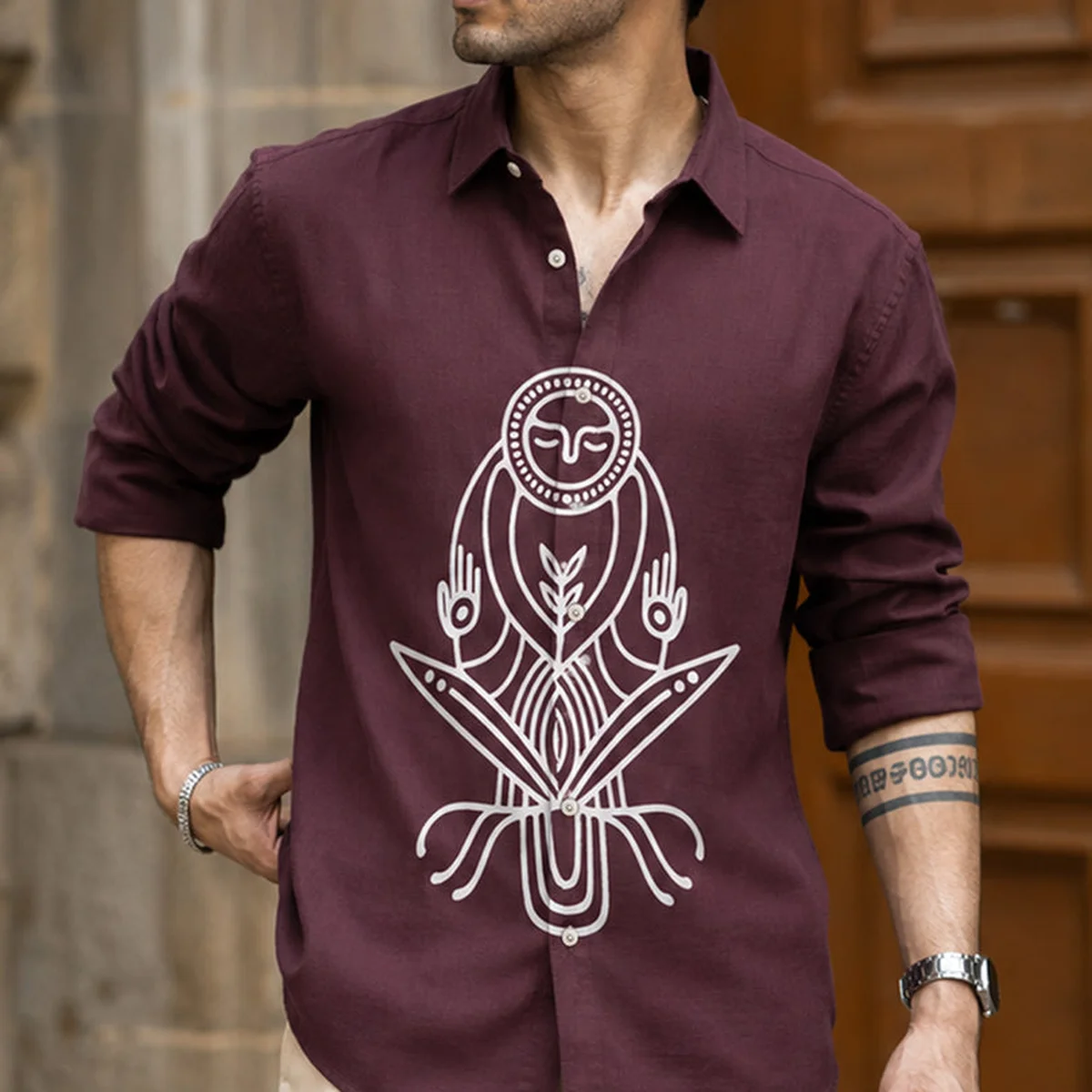 Wine Printed Linen Shirt view 1