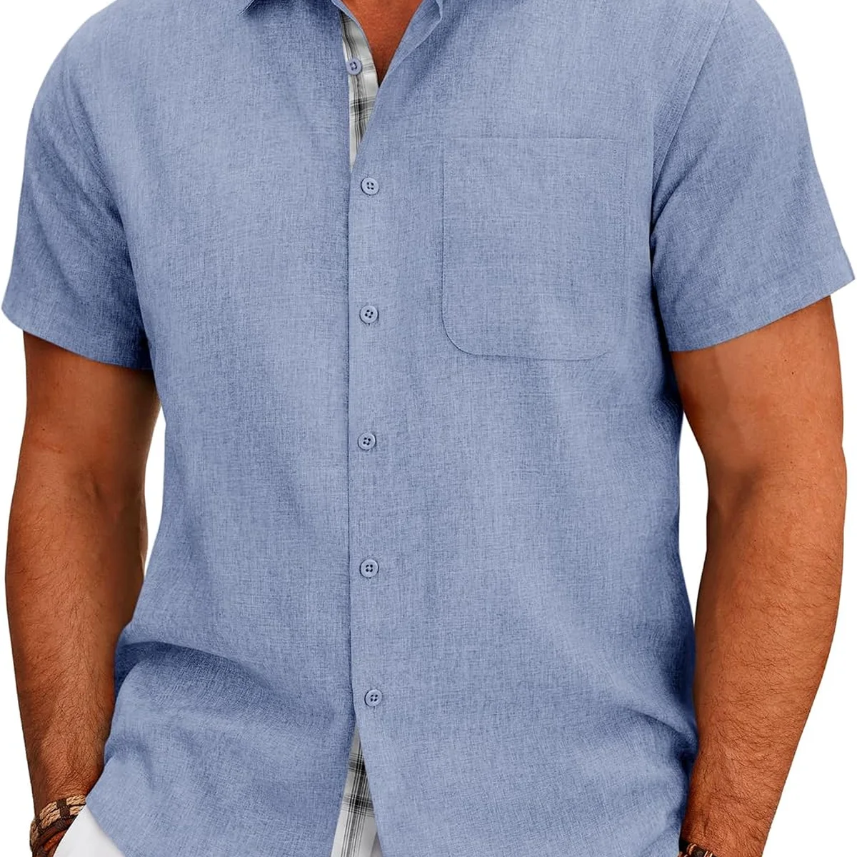 Mens Linen Shirts Short Sleeve Wrinkle Free Untucked Button Down Shirt | Chest Pocket, Summer, Casual, Beach, Wedding, Work, Lightweight, Breathable, Easy Care, Button Up, Spread Collar view 1