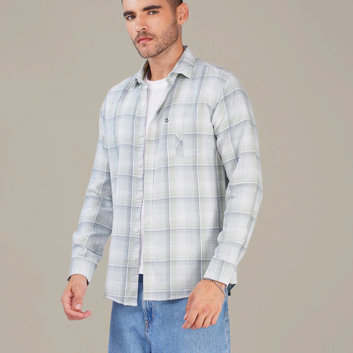 Pastel Green and Light Blue Plaid Dobby Weave 100% Cotton Shirt view 1