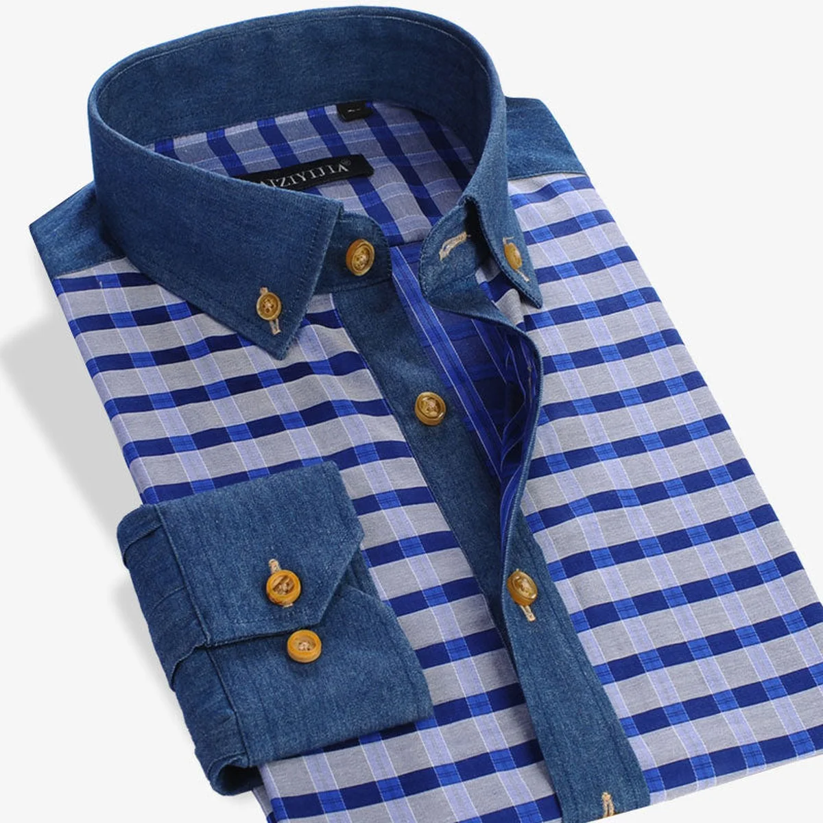 High Quality 100% Cotton Patchwork Men Plaid Long Sleeve Shirts Thin Soft Work Button-down Collar Regular Fit Smart Casual Shirt view 1