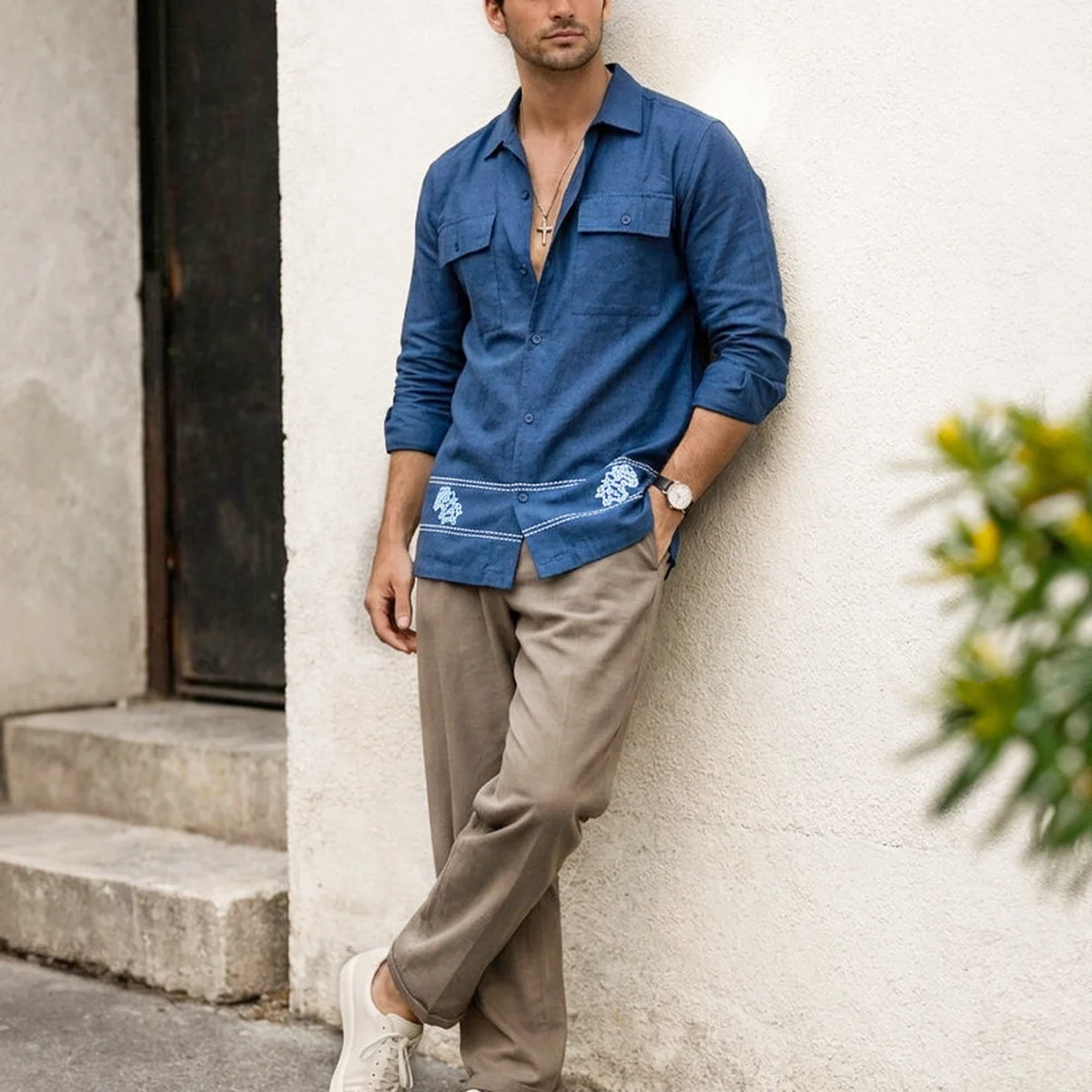 Navy Embroidered Linen Shirt view 1