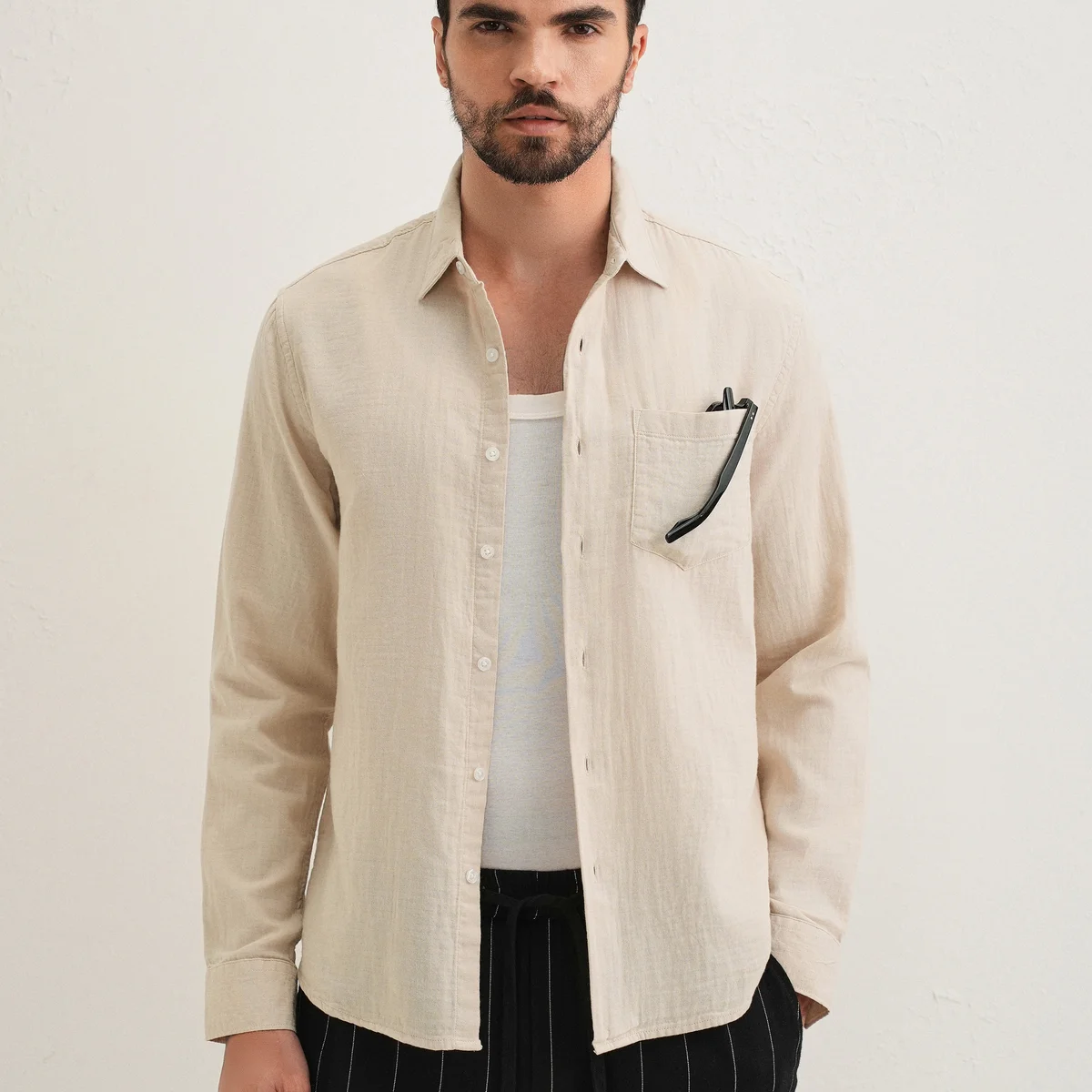 Beige Double Cloth Cotton Shirt view 1
