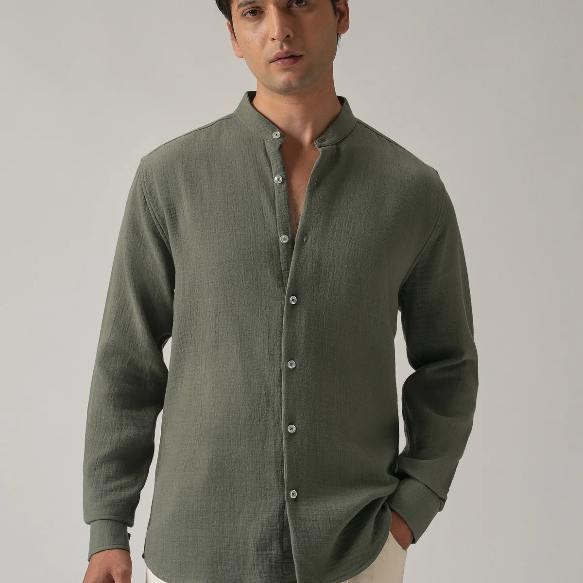 Olive Plain Mandarin Collar Cotton Shirt view 1