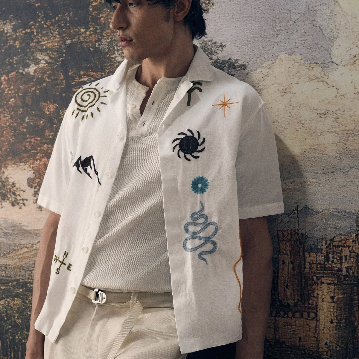 White Doodle Embroidery Cotton Linen Shirt view 1