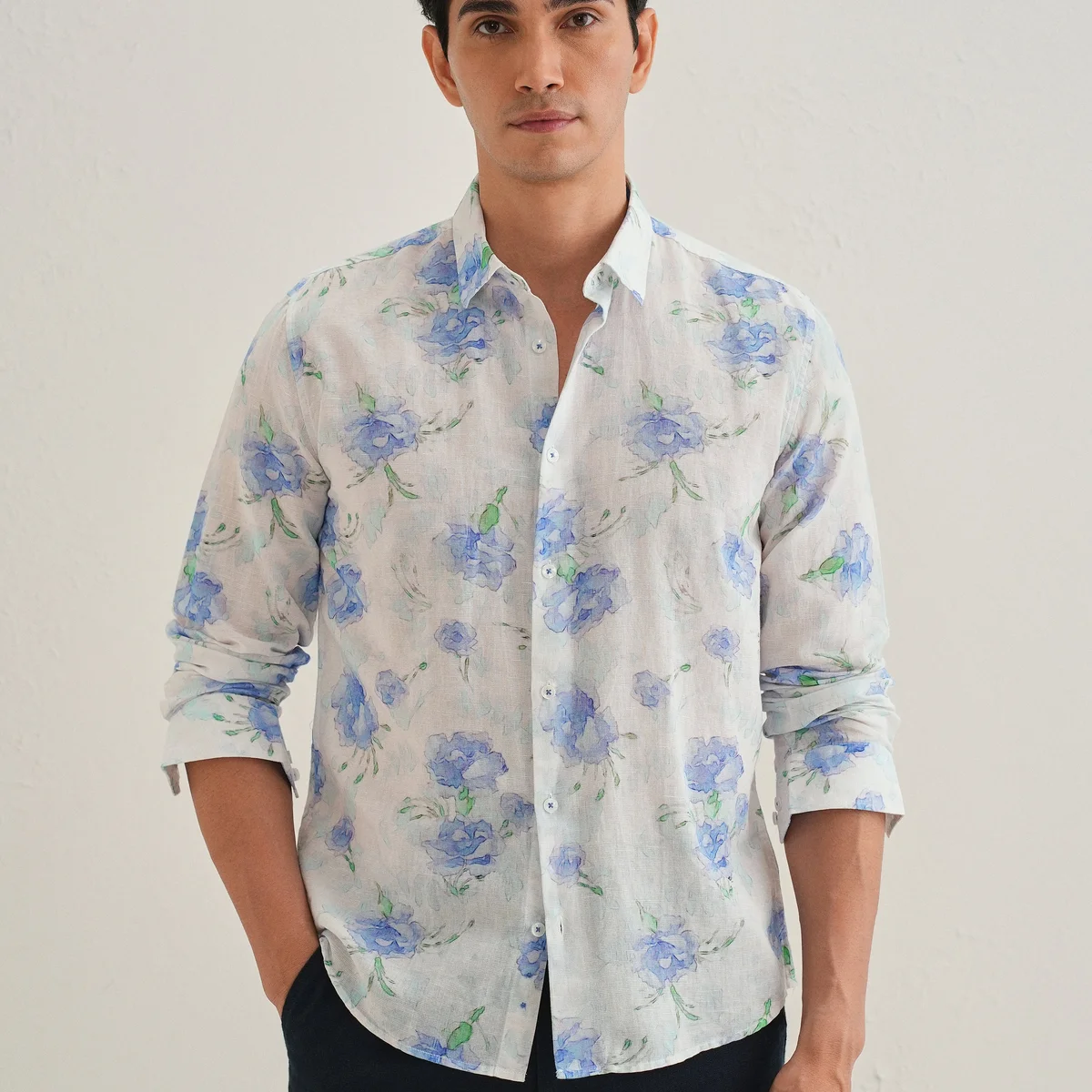 Blue Floral Printed Cotton Linen Shirt view 1