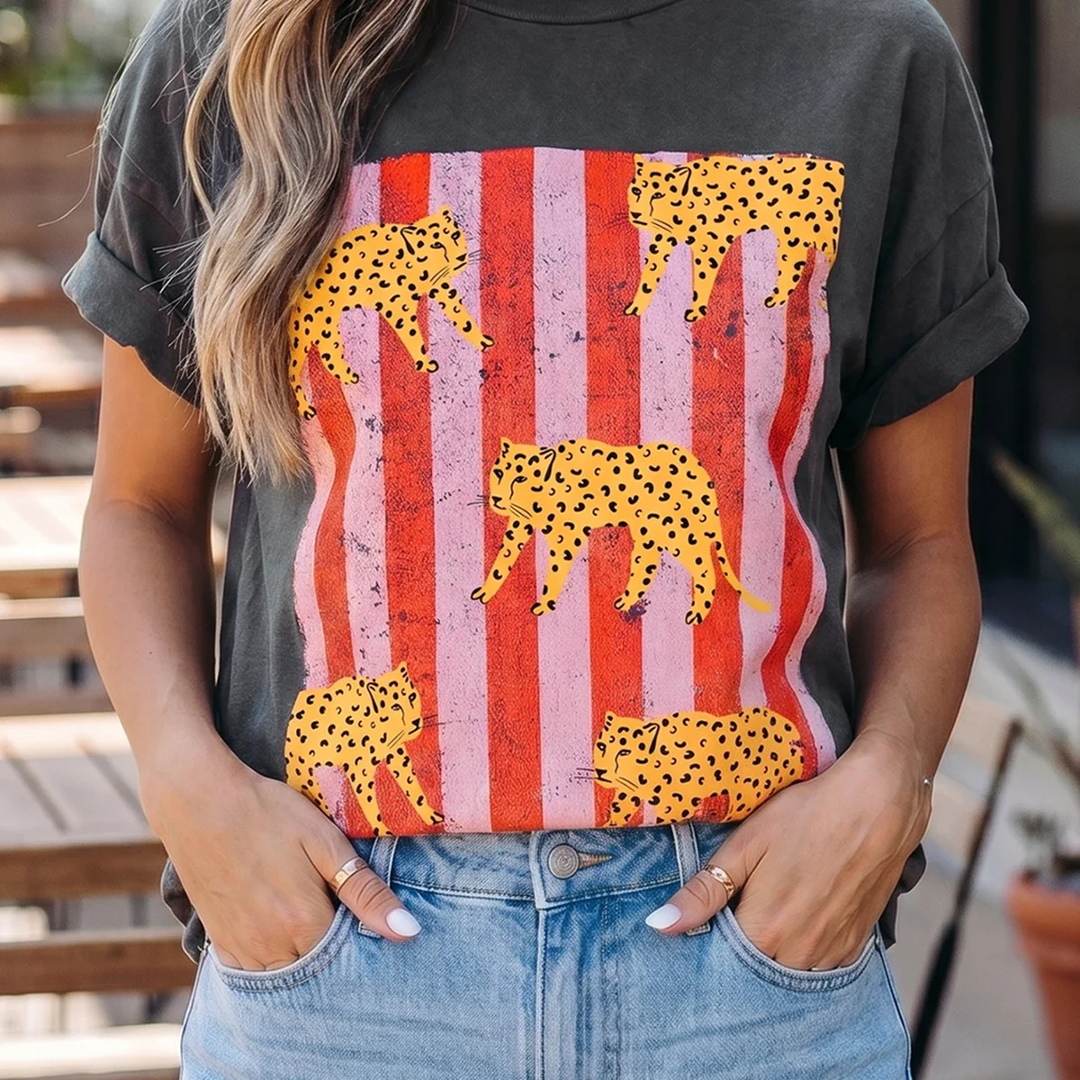 Dark Grey Cheetah Striped Print Retro Fashion Graphic Tee view 1