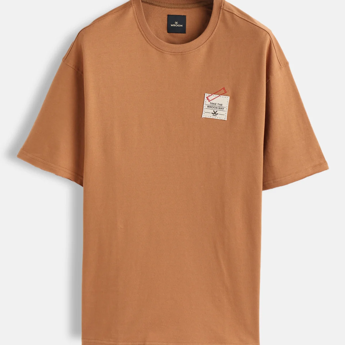 Solid Oversized T-Shirt With Printed Canvas Patch And Raw Edge Detail | Brown view 1