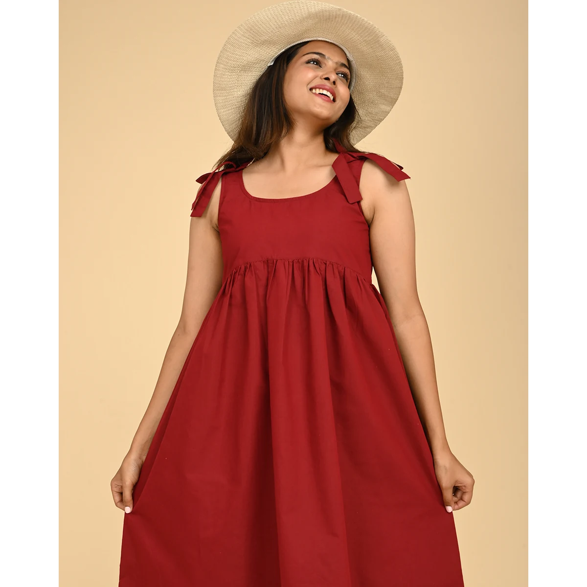 Premium Red Cotton Midi Dress with Bow Straps view 1
