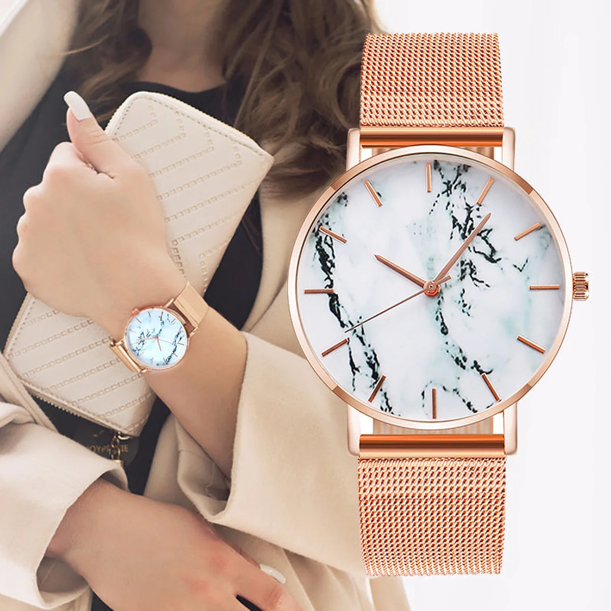 Fashion Rose Gold Mesh Band Creative Marble Female Wrist Watch Luxury Women Quartz Watches Gifts Relogio Feminino Drop Shipping view 1