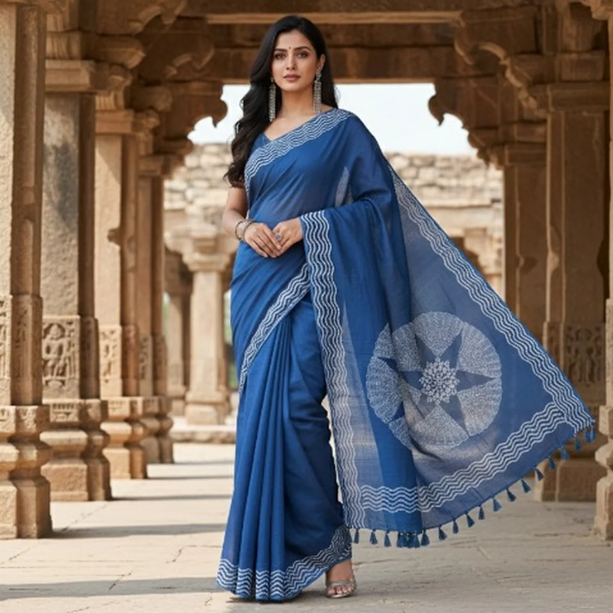 Deep indigo Muslin Silk Saree image 1
