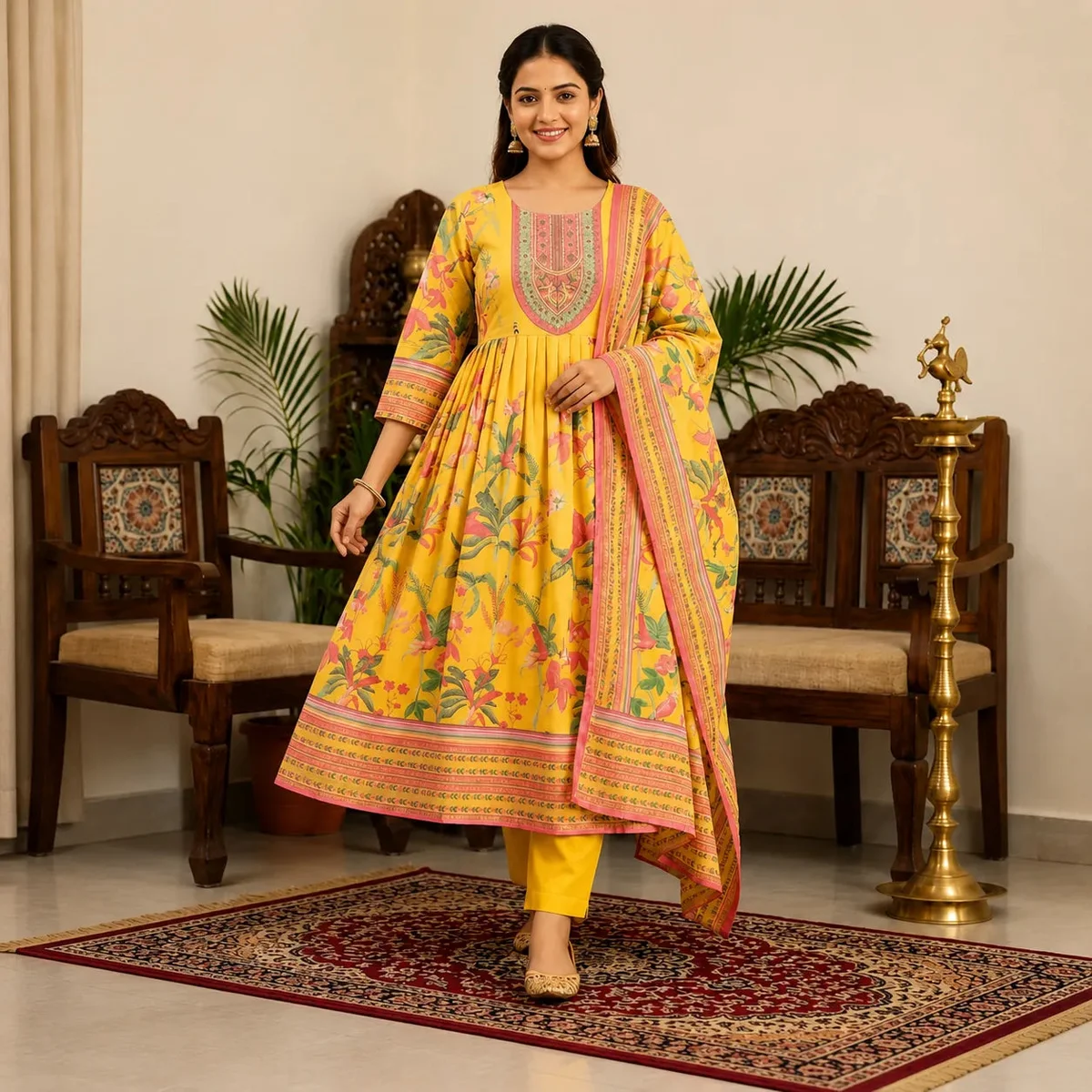 Women's Sunshine Yellow Floral Printed Anarkali Kurta Set with Dupatta image 1