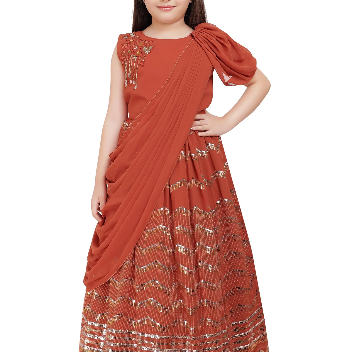 Rust Embellished Georgette With Saree Style Dupatta Attached Gown For Girls image 1