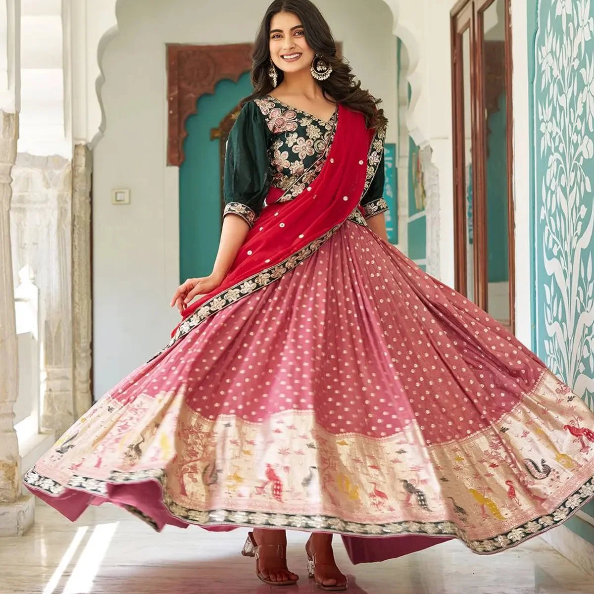 Women's Ethnic Navratri Red Lehenga Choli with Embroidered Blouse & Bandhani Dupatta image 1