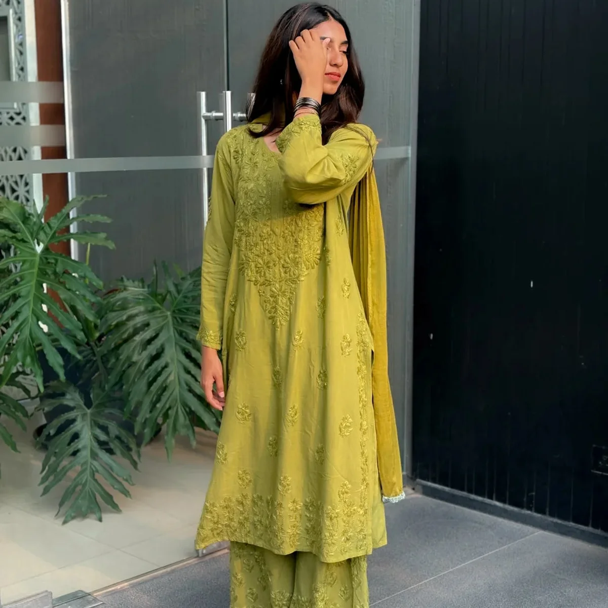 Olive Noor Chikankari Kurta Palazzo Set image 1