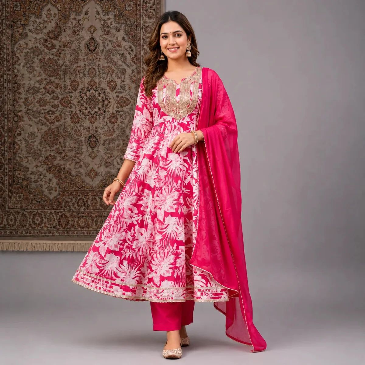 Women's Pink Floral Printed Anarkali Kurta Set with Dupatta image 1
