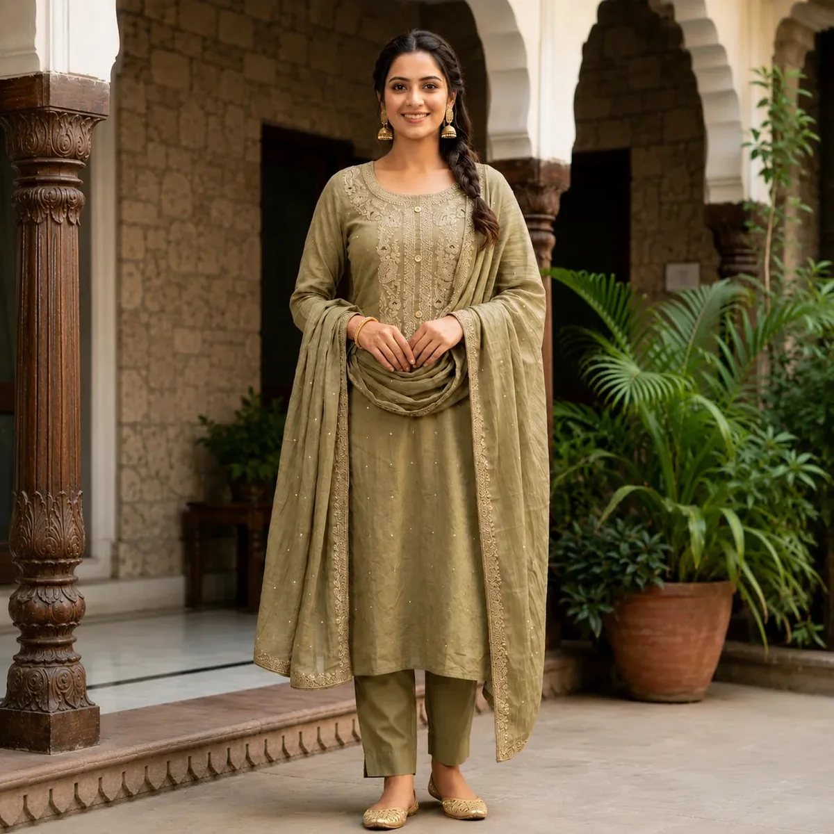 Women's Olive Green Embroidered Kurta Set with Dupatta image 1