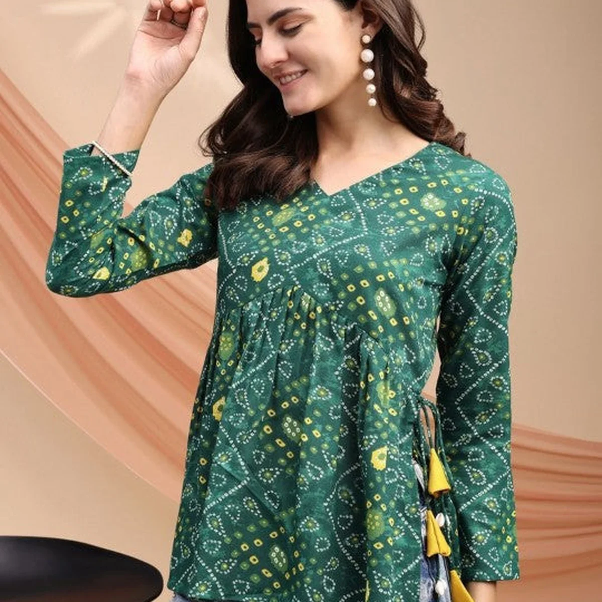 Women Bandhani Print Peplum Kurti With Tassles and Kodi image 1
