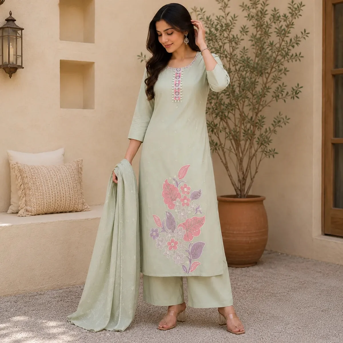 Women's Sage Green Floral Embroidered Kurta Set with Plazoo & Dupatta image 1