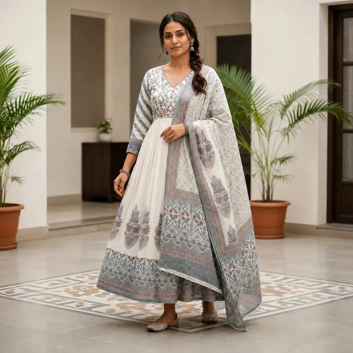 Women's Ivory Grey Printed Anarkali Kurta Set with Dupatta image 1