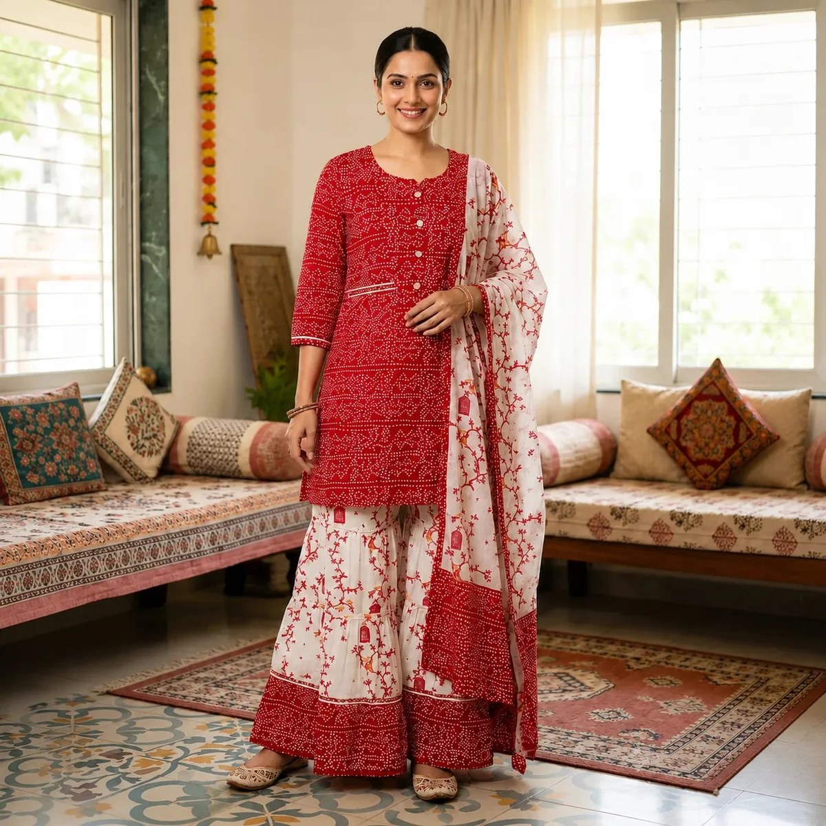 Women's Red Printed Kurta Set with Sharara & Dupatta image 1