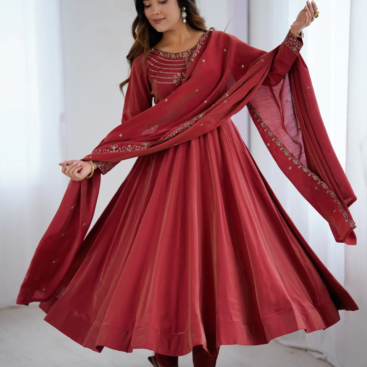 Premium Roman Shimmer Chanderi Silk Anarkali Suit Set image 1