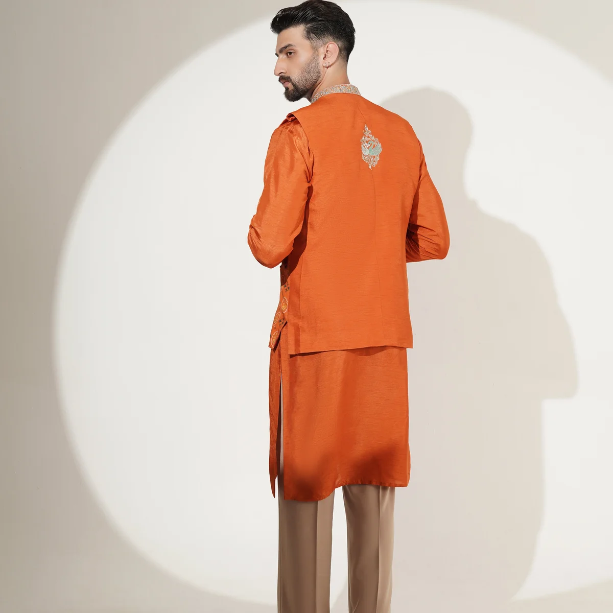Burnt Orange Kurta Set with Printed Jacket image 1