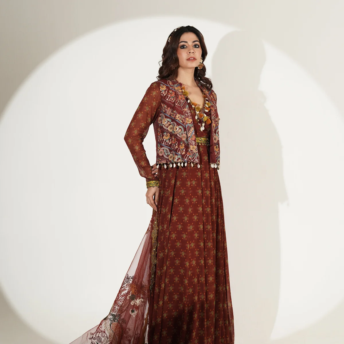 Women Rust Brown Printed Anarkali Dress with Embroidered Dupatta image 1