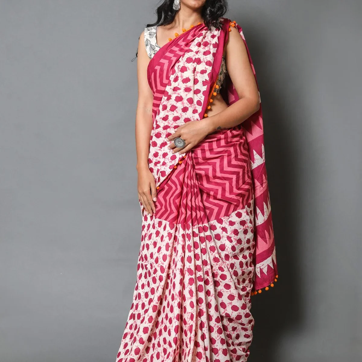Magenta Block Batik Print Mul Cotton Saree with Blouse