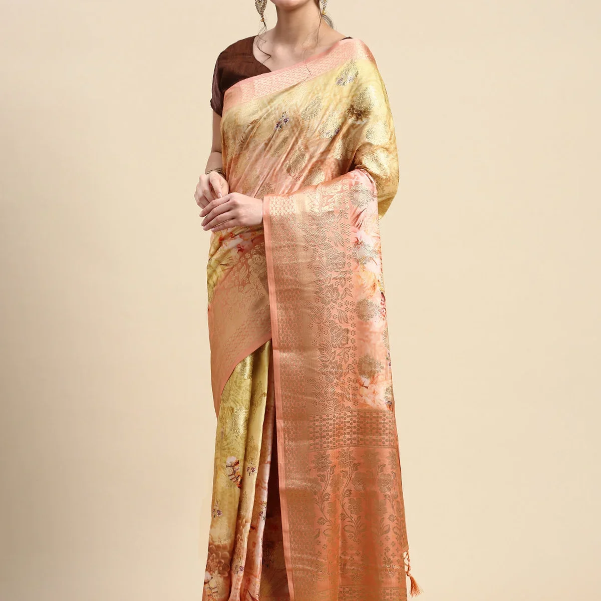 Semi Tussar Peach & Yellow Flower Printed Saree with Tassels STP15